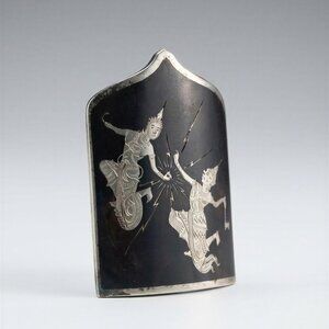 Vintage Siam Sterling Silver Niello Shield Brooch Mekhala Goddess Ramasoon 925